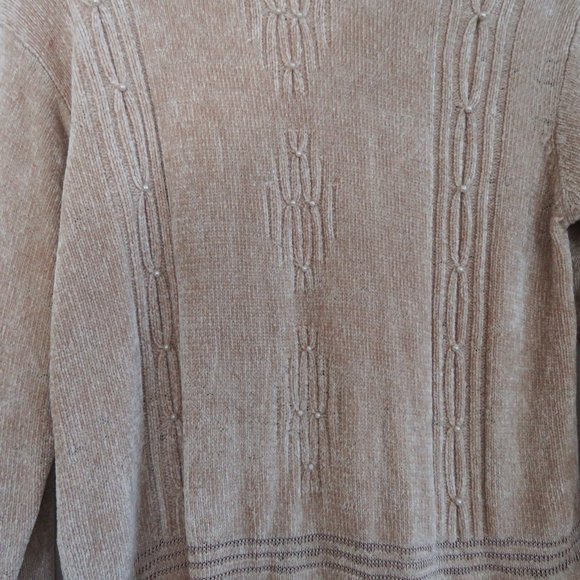 VINTAGE 90s Chenille Beige Tan Embroidered Cable Knit Crew Neck Tunic Sweater - Picture 5 of 15